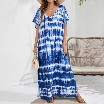 Women Fashion Casual Tie-Dye Beach Short-Sleeve Loose Swimsuit Cover-Ups