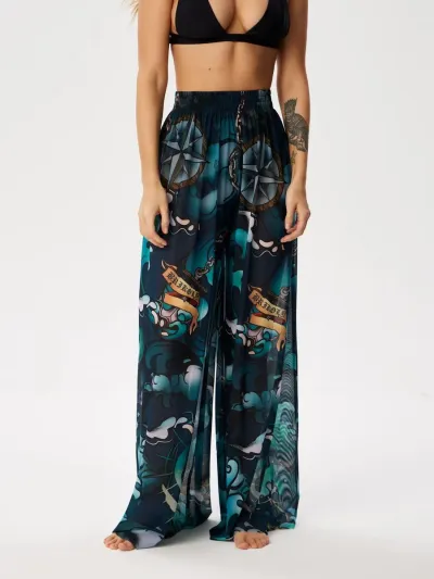 Women Fashion Casual Printed Summer Sun-Protective Ice Silk High-Waist Wide-Leg Swimsuit Cover-Ups