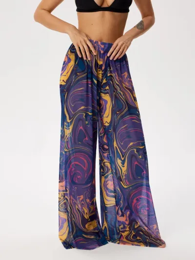 Women Fashion Casual Printed Summer Sun-Protective Ice Silk High-Waist Wide-Leg Swimsuit Cover-Ups