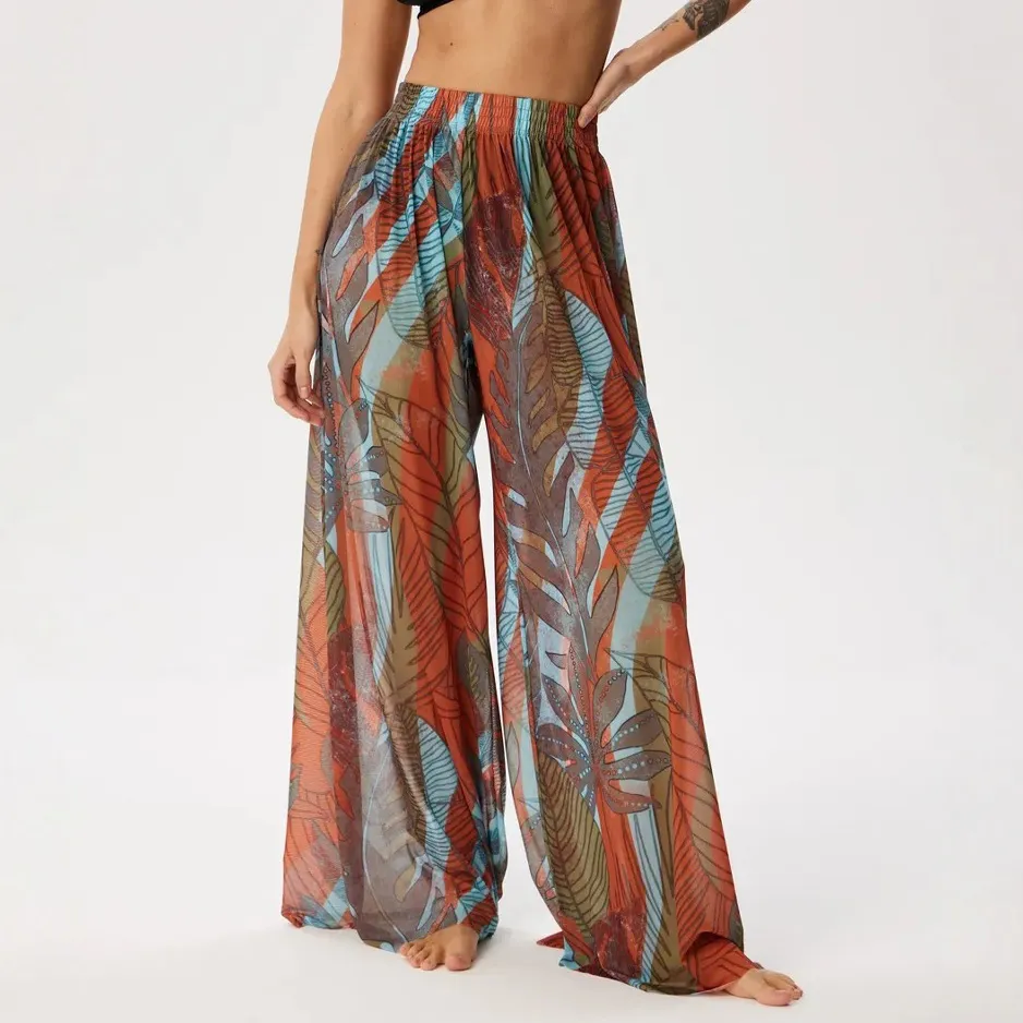Women Fashion Casual Printed Summer Sun-Protective Ice Silk High-Waist Wide-Leg Swimsuit Cover-Ups