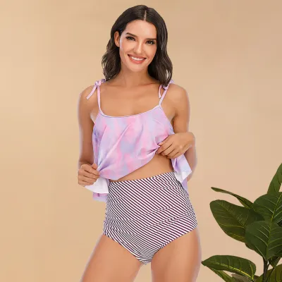 Women Fashion Sexy Tie-Dye Printed Ruffled Tankini Swimsuit