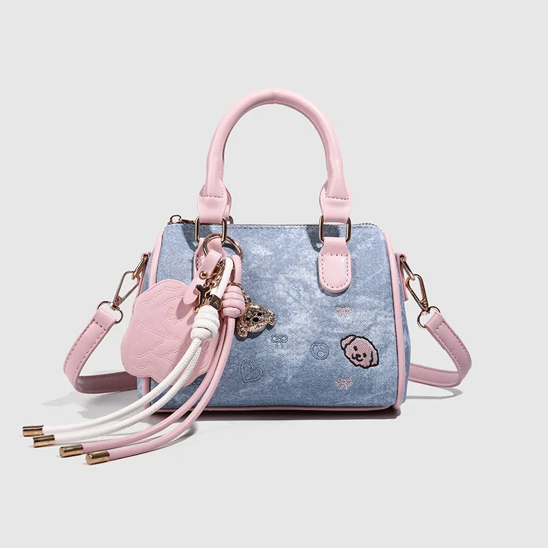 Women Fashion Cute Embroidered Puppy Pillow PU Handbag Boston Bag Zipper