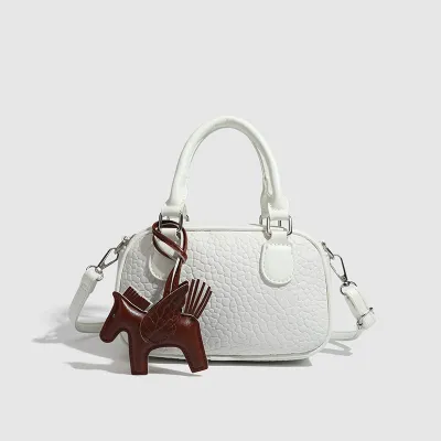 Women Fashion Casual Solid Color Stone Pattern Pillow Handbag Boston Bag PU Zipper Closure
