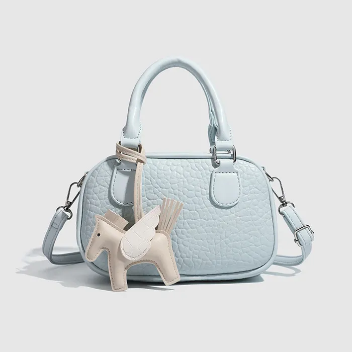 Women Fashion Casual Solid Color Stone Pattern Pillow Handbag Boston Bag PU Zipper Closure