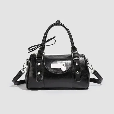 Women Fashion Casual Retro Solid Color PU Handbag Boston Bag
