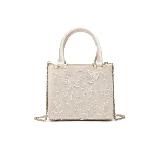 Women Fashion Elegant Pearl Embroidered Silk Satin Handbag