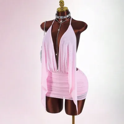 Women Sexy Solid Color Mesh Backless See-Through Mini Dress