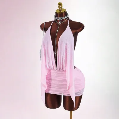 Minivestido sexy de malla transparente sin espalda de color liso para mujer