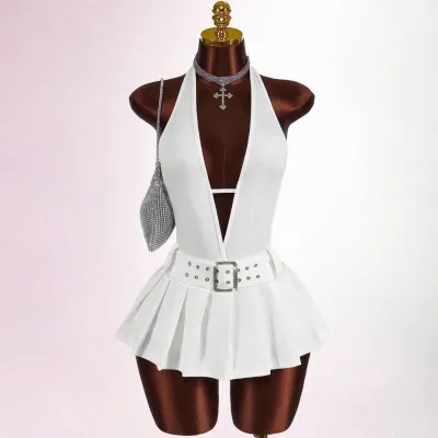 Women Sexy Fashion Solid Color V-Neck Halter Backless Pleated Mini Dress