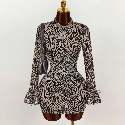 Women Sexy Printed Long Sleeve Backless Mini Dress