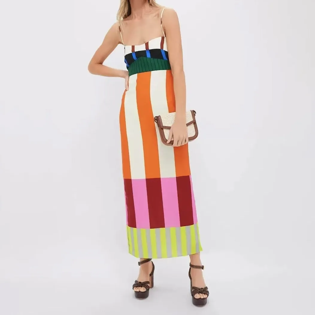 Women Fashion Sexy Summer Color Block Spaghetti Strap Split Dress