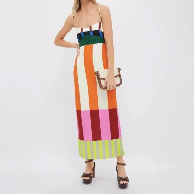 Women Fashion Sexy Summer Color Block Spaghetti Strap Split Dress