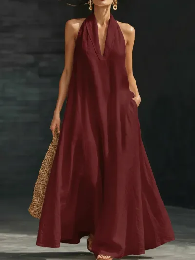 Women Fashion Casual Summer Solid Color V-Neck Halter-Neck Loose Dress