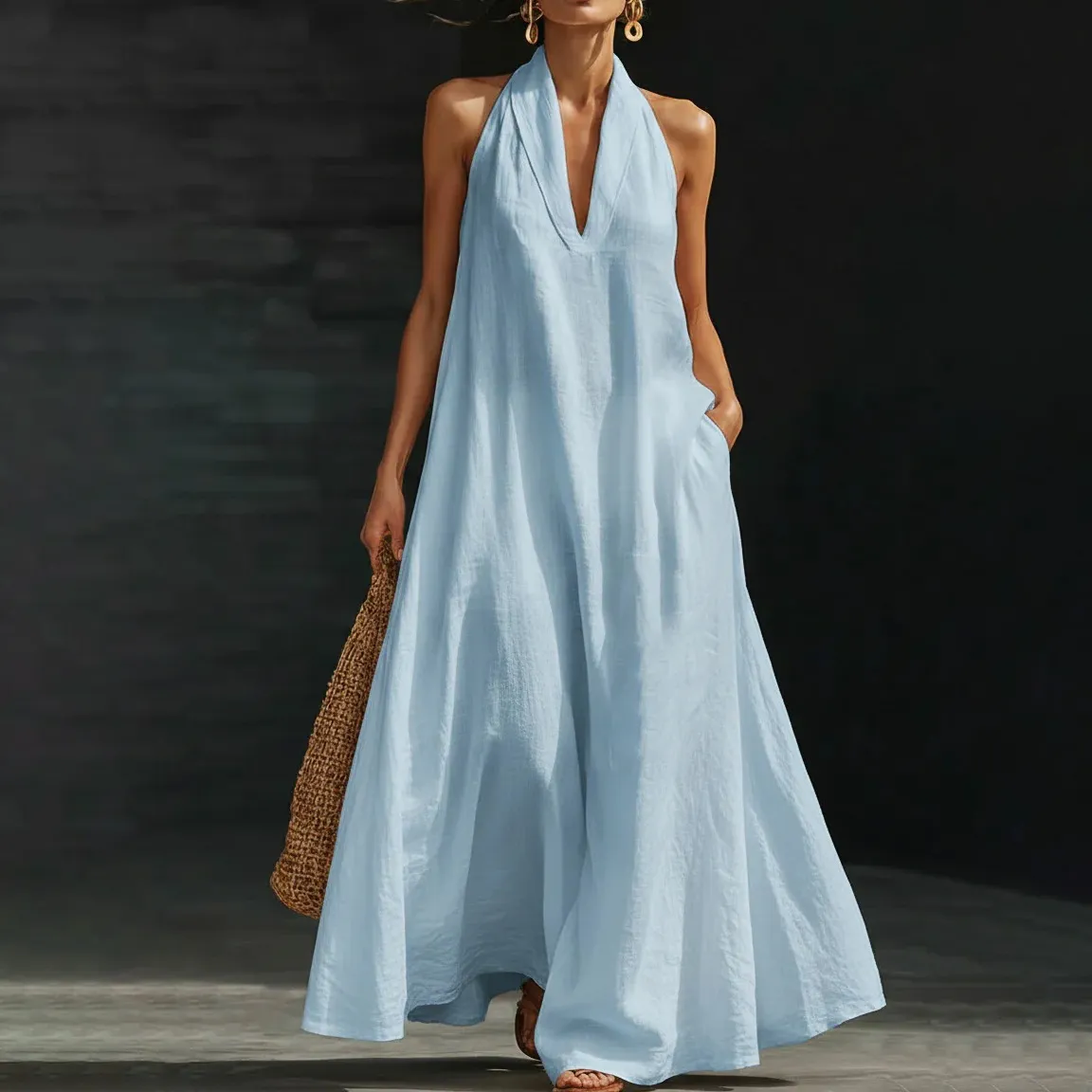 Women Fashion Casual Summer Solid Color V-Neck Halter-Neck Loose Dress