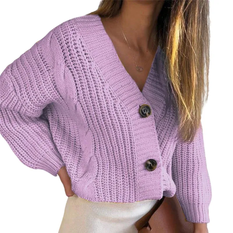 Women Fashion Casual Autumn And Winter Solid Color Twist Button Thick Line Knitted Cardigan