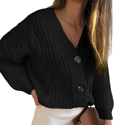 Women Fashion Casual Autumn And Winter Solid Color Twist Button Thick Line Knitted Cardigan
