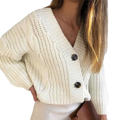 Women Fashion Casual Autumn And Winter Solid Color Twist Button Thick Line Knitted Cardigan