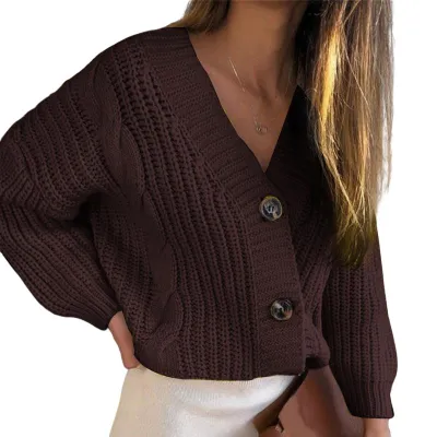 Women Fashion Casual Autumn And Winter Solid Color Twist Button Thick Line Knitted Cardigan