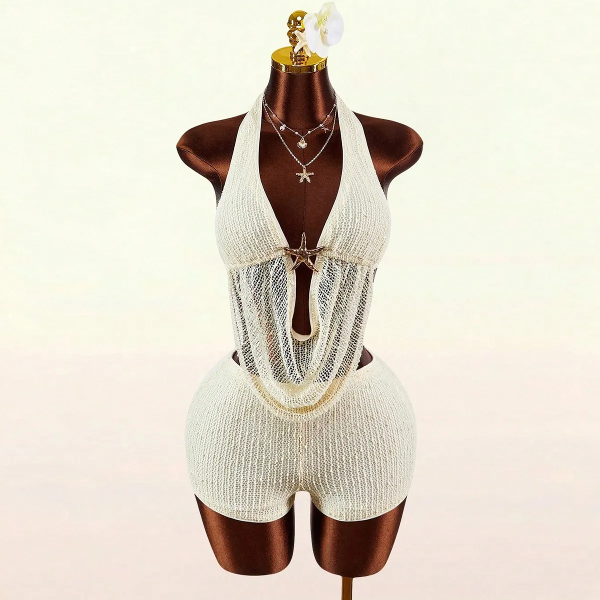 Women Sexy Solid Color Cowl Neck Backless Top And Shorts Two-Piece Set