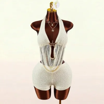Women Sexy Solid Color Cowl Neck Backless Top And Shorts Two-Piece Set