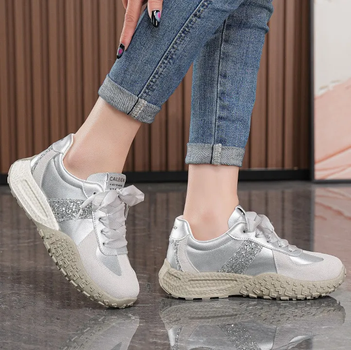 Women Fashion Casual Patchwork Lace-Up Breathable Thick-Soled German Trainers Sneakers