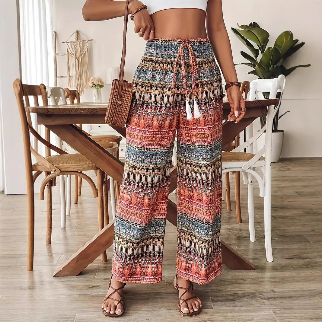 Bohemian Vacation Women Casual Printed High Waist Pants