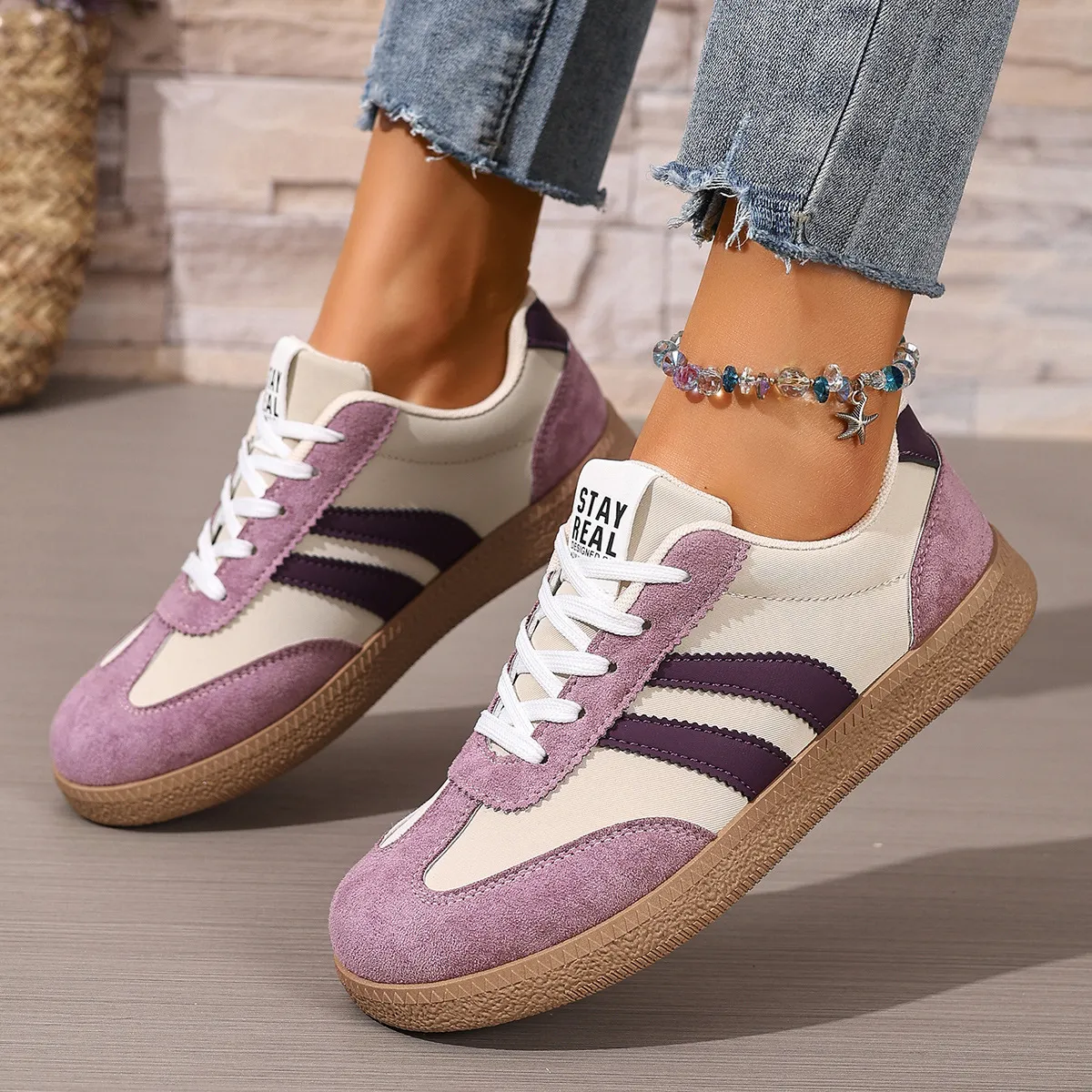 Women Fashion Casual Color Block Lace-Up Flat Non-Slip German Trainers Sneakers Plus Size