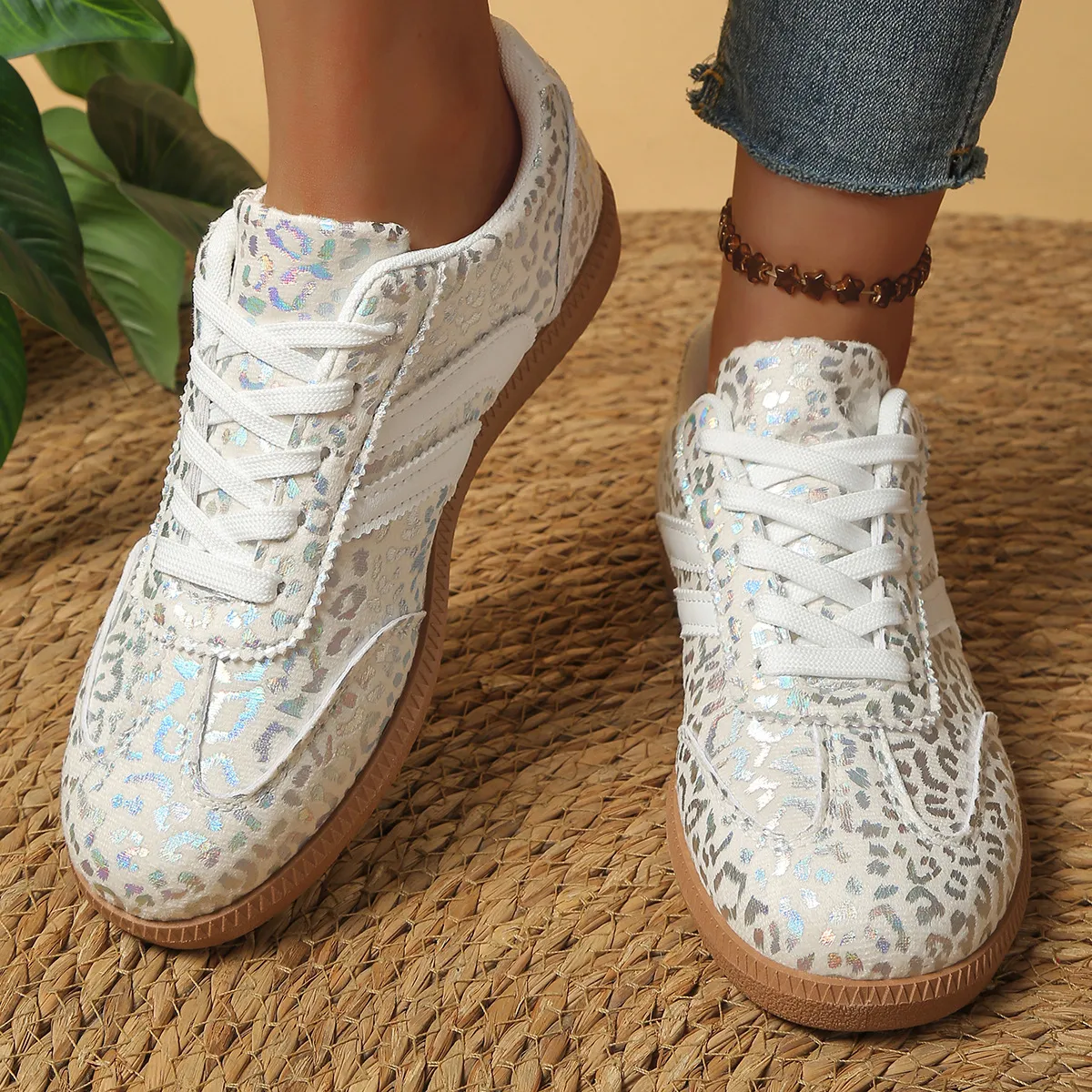 Women Casual Leopard Lace-Up Flat German Trainers Sneakers Plus Size