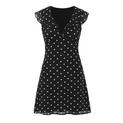 Women Fashion Sexy Summer Polka Dot Print Sleeveless Slim Fit Ruffled Dress