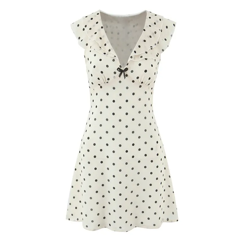 Women Fashion Sexy Summer Polka Dot Print Sleeveless Slim Fit Ruffled Dress