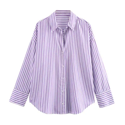 Women Fashion Casual Spring And Summer Satin Stripe Printed Lapel Long-Sleeve Printed