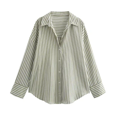Women Fashion Casual Spring And Summer Satin Stripe Printed Lapel Long-Sleeve Printed