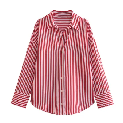 Women Fashion Casual Spring And Summer Satin Stripe Printed Lapel Long-Sleeve Printed