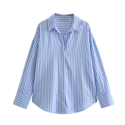 Women Fashion Casual Spring And Summer Satin Stripe Printed Lapel Long-Sleeve Printed