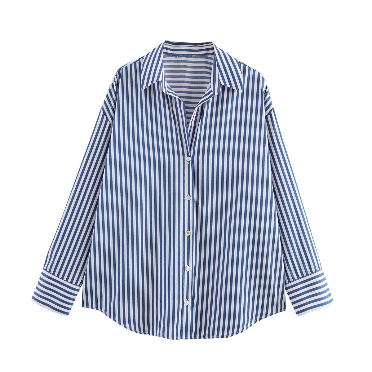 Women Fashion Casual Spring And Summer Satin Stripe Printed Lapel Long-Sleeve Printed