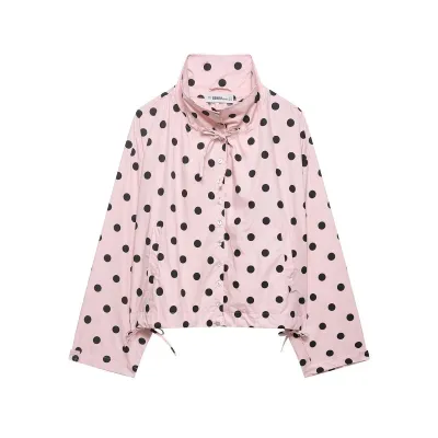 Women Fashion Casual Polka Dot Print High Neck Long-Sleeve Loose Jacket