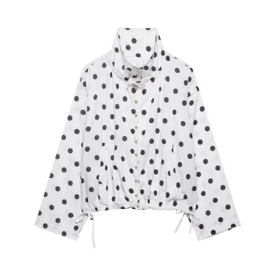 Women Fashion Casual Polka Dot Print High Neck Long-Sleeve Loose Jacket