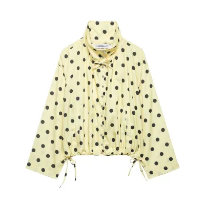 Women Fashion Casual Polka Dot Print High Neck Long-Sleeve Loose Jacket