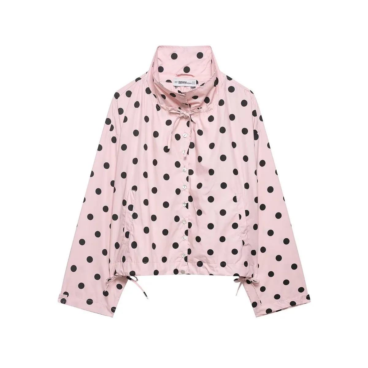 Women Fashion Casual Polka Dot Print High Neck Long-Sleeve Loose Jacket