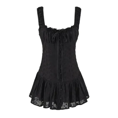 Women Fashion Sexy Summer Solid Color Cotton Embroidered Square Neck Sleeveless Tight Waist Dress