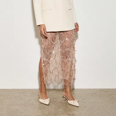 Women Fashion Sexy Summer Solid Color Sequins Mesh Split Skirt