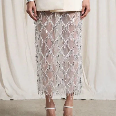 Women Fashion Sexy Summer Solid Color Sequins Mesh Split Skirt