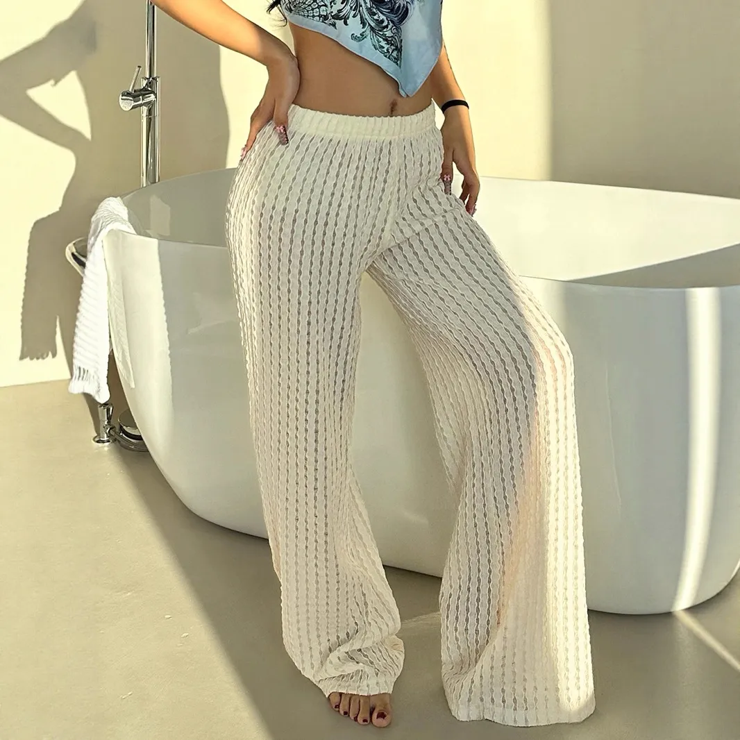 Vacation Style Women Casual Knitted Perspective Summer Pants