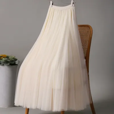 Women Fashion Casual Summer Solid Color Mesh Large Swing High Waist Skirt