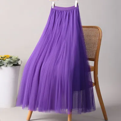 Women Fashion Casual Summer Solid Color Mesh Large Swing High Waist Skirt