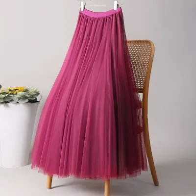 Women Fashion Casual Summer Solid Color Mesh Large Swing High Waist Skirt