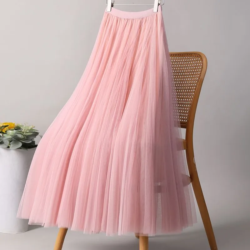 Women Fashion Casual Summer Solid Color Mesh Large Swing High Waist Skirt