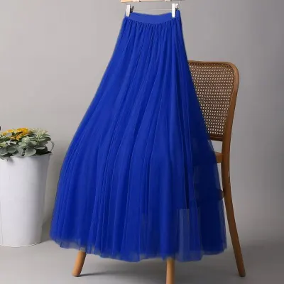 Women Fashion Casual Summer Solid Color Mesh Large Swing High Waist Skirt