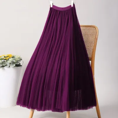 Women Fashion Casual Summer Solid Color Mesh Large Swing High Waist Skirt
