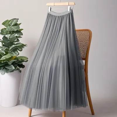 Women Fashion Casual Summer Solid Color Mesh Large Swing High Waist Skirt